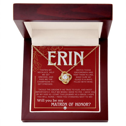 Matron of Honor Proposal Gift, Custom Name, Be My MOH Gift From Bride, Need You, Wedding Party Necklace - Red and Gold Wedding Theme