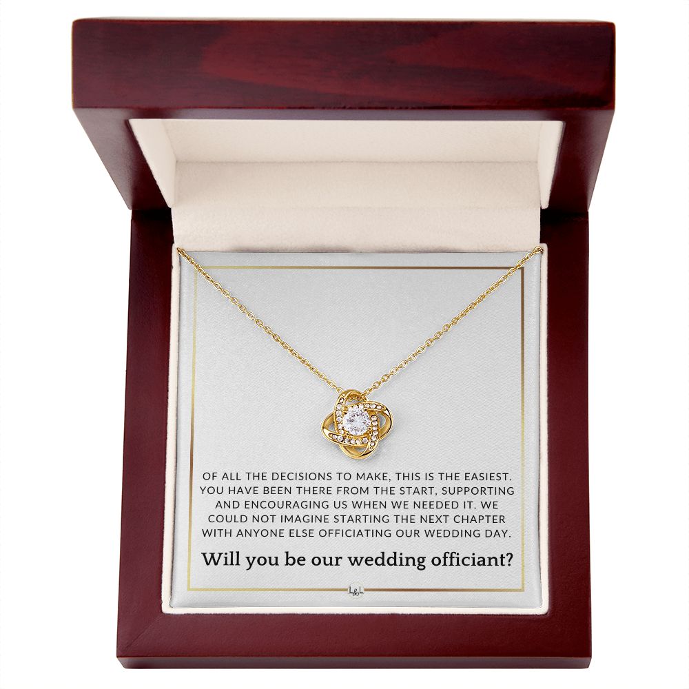 Wedding Officiant Proposal - Of All The Decisions - Elegant White and Gold Wedding Theme