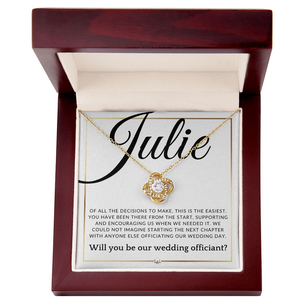 Wedding Officiant Proposal - Of All The Decisions - Custom Name - Elegant White and Gold Wedding Theme