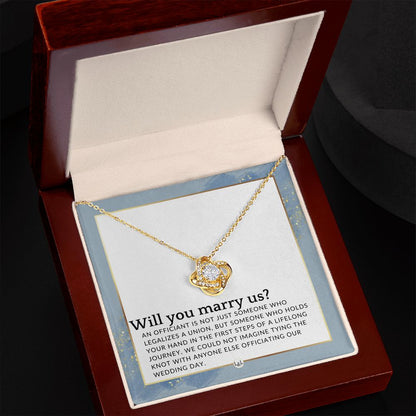 Wedding Officiant Proposal - Female Wedding Officiant, Pastor, Celebrants - Will You Marry Us , Dusty Blue And Gold Wedding Theme - Liliana and Liam