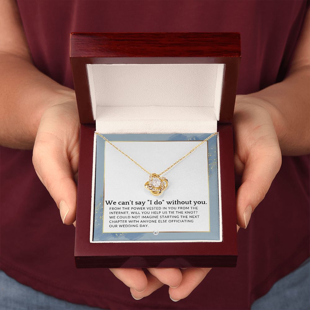 Wedding Officiant Proposal - From The Power Vested In You From The Internet - Female Officiant , Dusty Blue And Gold Wedding Theme