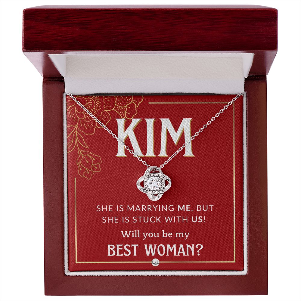 Best Woman Proposal, Custom Name - Wedding Party Necklace Gift From Groom - Be My Best Woman Necklace - Red and Gold Wedding Theme