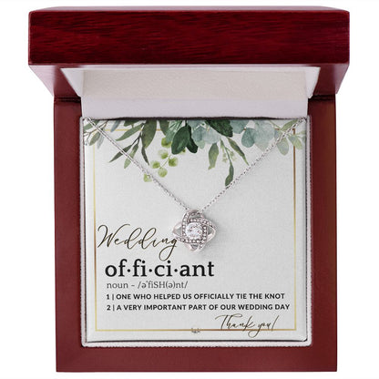 Thank You For Marrying Us - Elegant Knot Pendent Necklace - Gift For Female Wedding Officiant, Pastor - Eucalyptus Theme - Liliana and Liam
