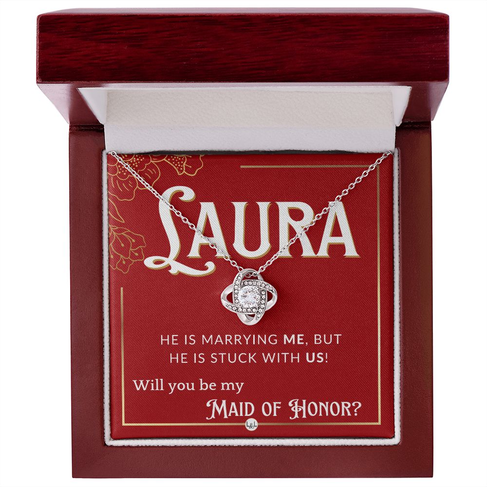 Maid of Honor Proposal, Custom Name - Be My Maid Of Honor - Wedding Party MOH - Stuck with US Necklace - Red and Gold Wedding Theme
