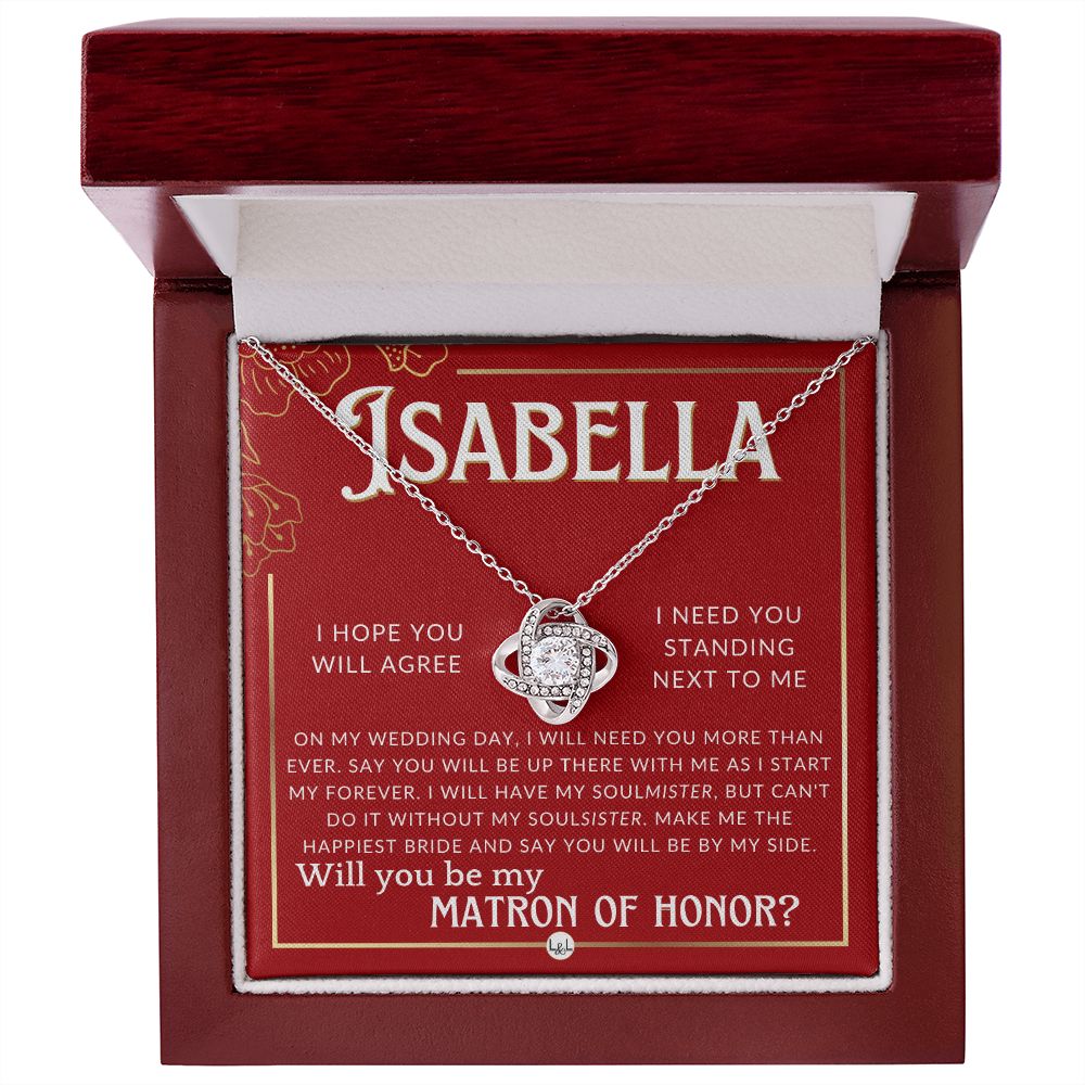 Matron of Honor Proposal Gift, Custom Name, Be My MOH Gift From Bride, By My Side Wedding Party Necklace - Red and Gold Wedding Theme