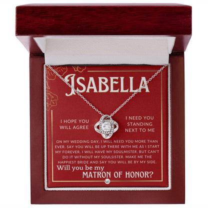 Matron of Honor Proposal Gift, Custom Name, Be My MOH Gift From Bride, By My Side Wedding Party Necklace - Red and Gold Wedding Theme