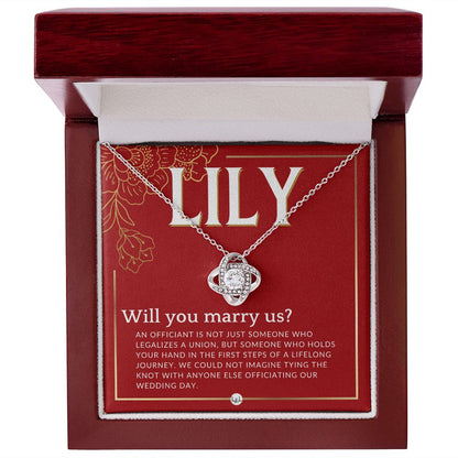 Wedding Officiant Proposal, Custom Name - Female Officiant, Vow Renewal - Will You Marry Us Necklace - Red and Gold Wedding Theme