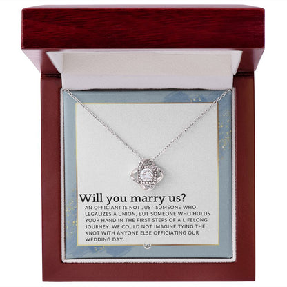 Wedding Officiant Proposal - Female Wedding Officiant, Pastor, Celebrants - Will You Marry Us , Dusty Blue And Gold Wedding Theme - Liliana and Liam