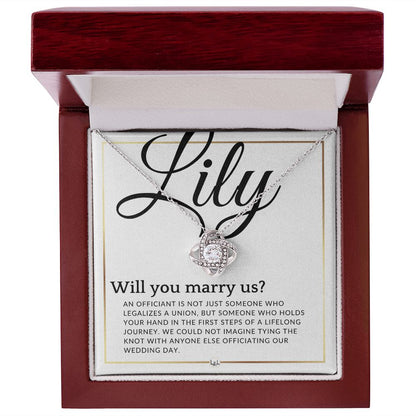 Wedding Officiant Proposal - For Female Officiant -  Will You Marry Us - Custom Name - Elegant White and Gold Wedding Theme