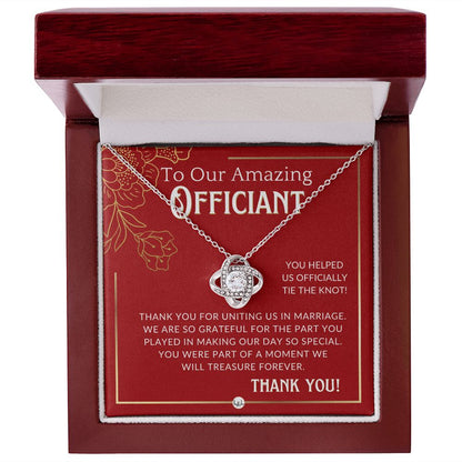 Gratitude and Appreciation - Elegant Knot Pendent Necklace - Gift For Female Wedding Officiant, Pastor - Red and Gold Theme - Liliana and Liam