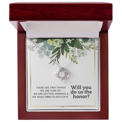 Wedding Officiant Proposal - Female Wedding Officiant, Pastor, Celebrants - Do Us The Honor , White and Green, Eucalyptus Wedding - Liliana and Liam