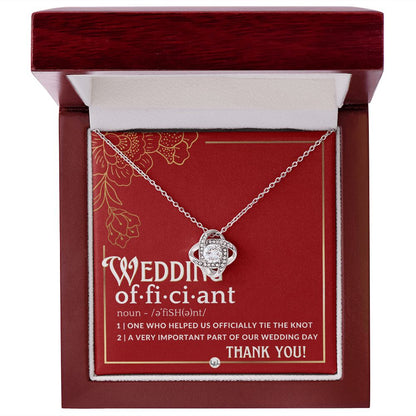 Thank You For Marrying Us - Elegant Knot Pendent Necklace - Gift For Female Wedding Officiant, Pastor - Red and Gold Theme - Liliana and Liam