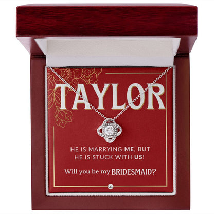 Bridesmaid Proposal Custom Name - Wedding Party Jewelry Accessories From Bride - Stuck With US Necklace - Red and Gold Wedding Theme