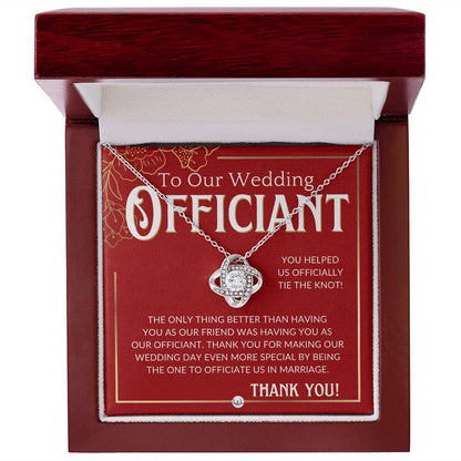 Thank You For Marrying Us - Elegant Knot Pendent Necklace - Gift For Female Wedding Officiant, Pastor - Red and Gold Theme - Liliana and Liam