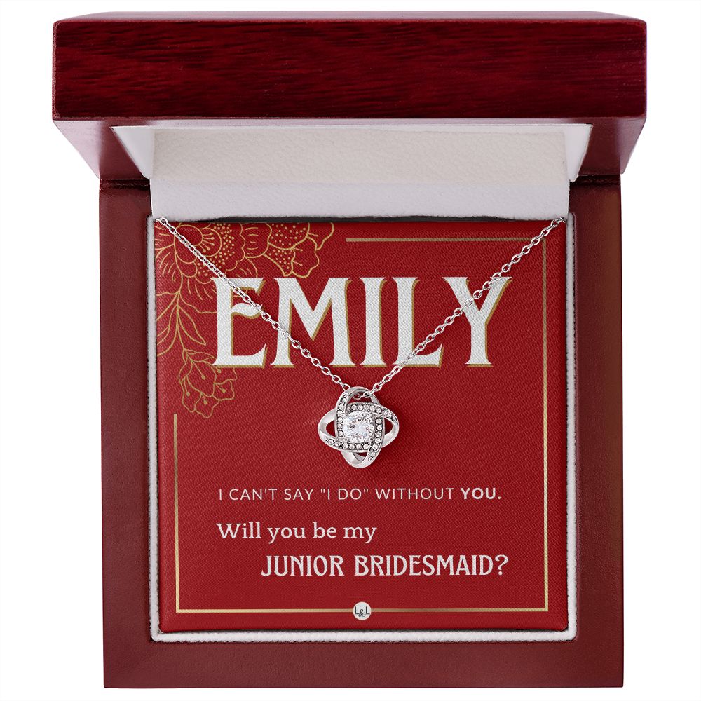 Junior Bridesmaid Proposal, Custom Name - Wedding Party Gift From Bride - Be My Jr. Bridesmaid Necklace - Red and Gold Wedding Theme