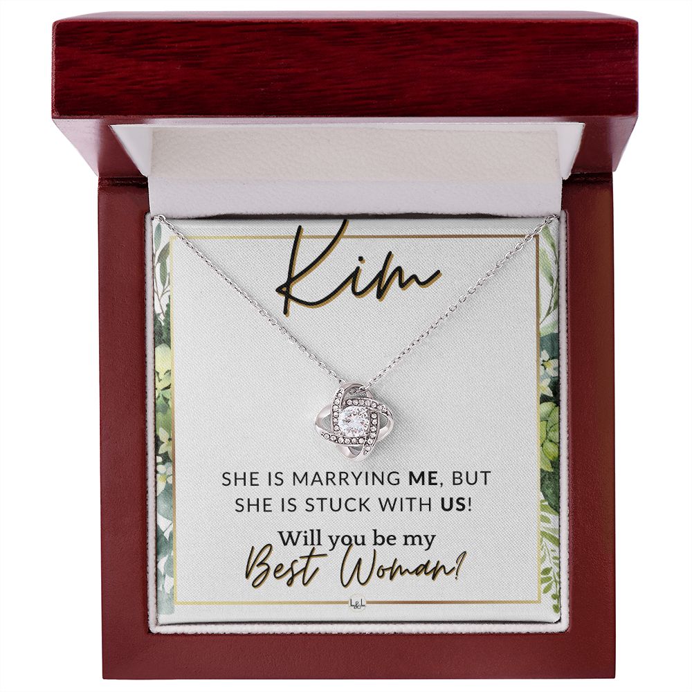 Best Woman Proposal, Custom Name - Wedding Party Necklace Gift From Groom - Be My Best Woman , White and Green, Eucalyptus Wedding