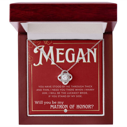 Matron of Honor Proposal Gift, Custom Name - Be My MOH Gift From Bride - Through Thick and Thin Necklace - Red and Gold Wedding Theme
