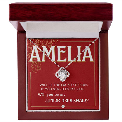 Junior Bridesmaid Proposal, Custom Name - Great Wedding Party Gift From Bride - Be By My Side Necklace - Red and Gold Wedding Theme