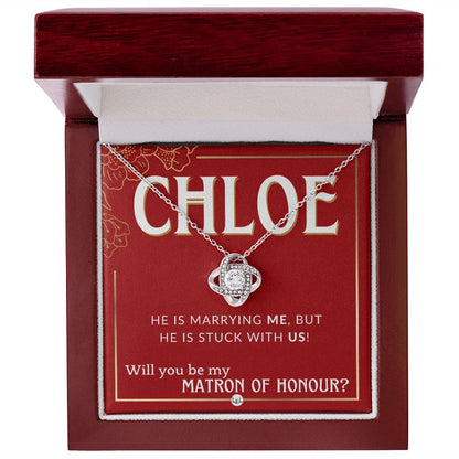 Matron of Honour Proposal Gift, Custom Name - Unique Be My MOH Gift From Bride - Stuck With Us Necklace - Red and Gold Wedding Theme