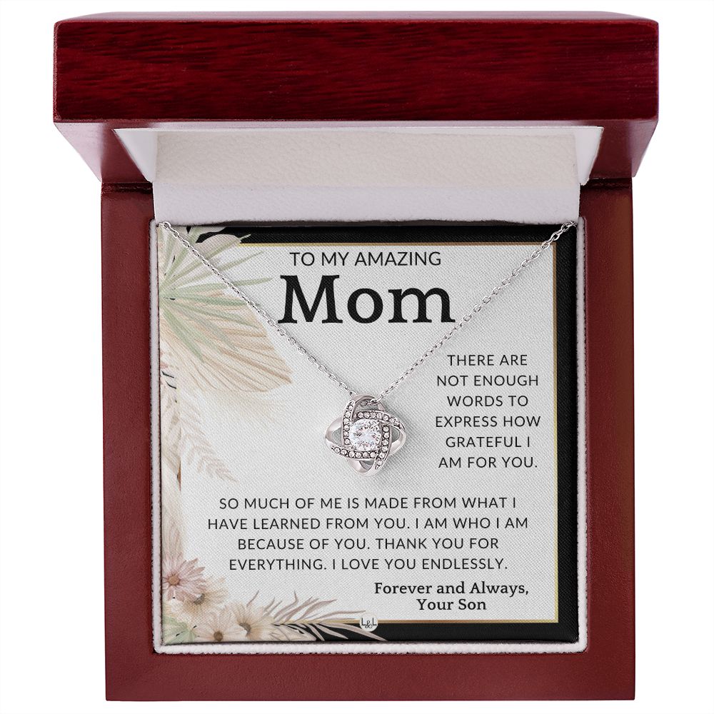 Gift for Mom, From Son - Im Grateful - To Mother, From Son - Beautiful Women's Pendant Necklace - Great For Mother's Day, Christmas, or Her Birthday - Liliana and Liam
