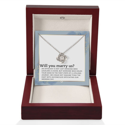 Wedding Officiant Proposal - Female Wedding Officiant, Pastor, Celebrants - Will You Marry Us , Dusty Blue And Gold Wedding Theme - Liliana and Liam