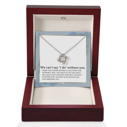 Wedding Officiant Proposal - From The Power Vested In You From The Internet - Female Officiant , Dusty Blue And Gold Wedding Theme - Liliana and Liam