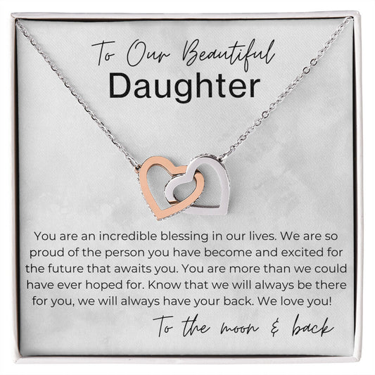 We are so Proud of You - Gift for Our Daughter, From Parents - Interlocking Heart Pendant Necklace
