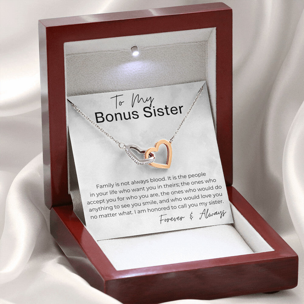 Family is Not Always Blood - Gift for Bonus Sister - Interlocking Heart Pendant Necklace