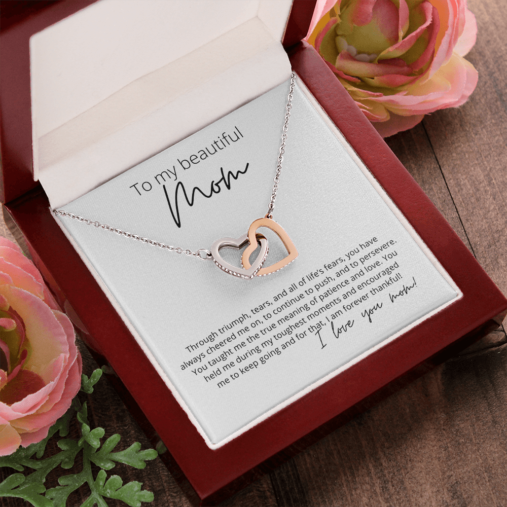 To My Beautiful Mom, You Taught Me Patience and Love - Interlocking Hearts Pendant Necklace - Perfect for Your Long Distance Mom