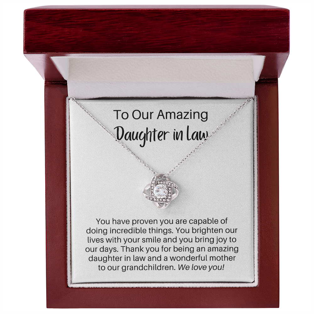To Our Amazing Daughter In Law, We Love You - Adult Daughter/Mom Gift - Love Knot Pendant Necklace - The Perfect Gift for Your Daughter In Law