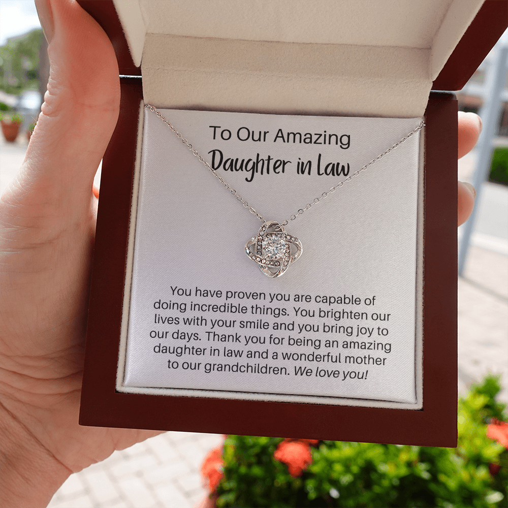 To Our Amazing Daughter In Law, We Love You - Adult Daughter/Mom Gift - Love Knot Pendant Necklace - The Perfect Gift for Your Daughter In Law
