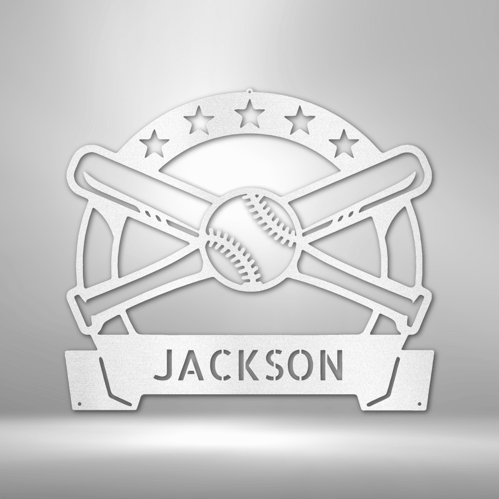 Baseball Wall Art with Name Banner - Custom Metal Baseball Sign - Playroom Sign