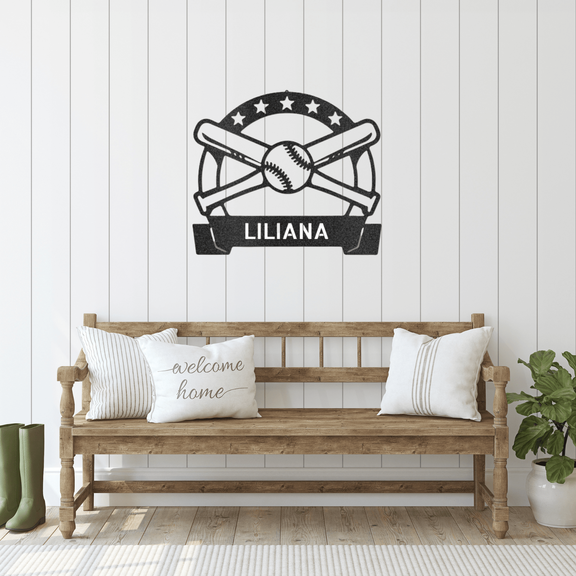 Baseball Wall Art with Name Banner - Custom Metal Baseball Sign - Playroom Sign