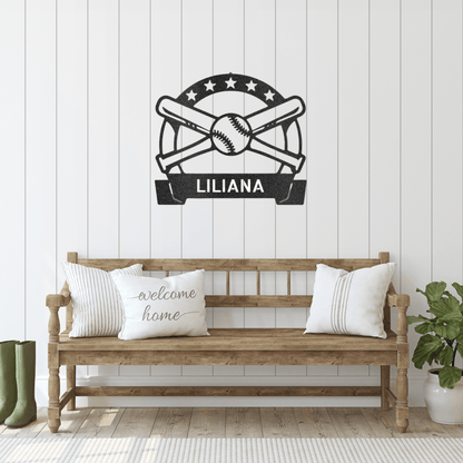 Baseball Wall Art with Name Banner - Custom Metal Baseball Sign - Playroom Sign