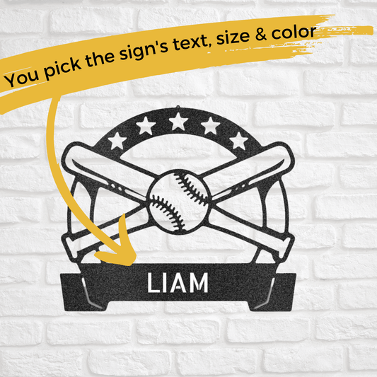 Baseball Wall Art with Name Banner - Custom Metal Baseball Sign - Playroom Sign