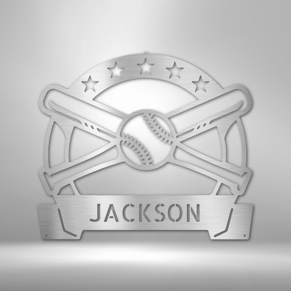 Baseball Wall Art with Name Banner - Custom Metal Baseball Sign - Playroom Sign