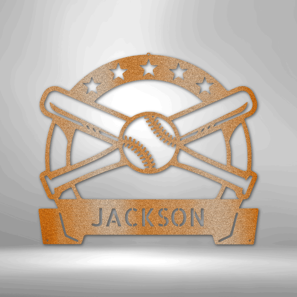 Baseball Wall Art with Name Banner - Custom Metal Baseball Sign - Playroom Sign