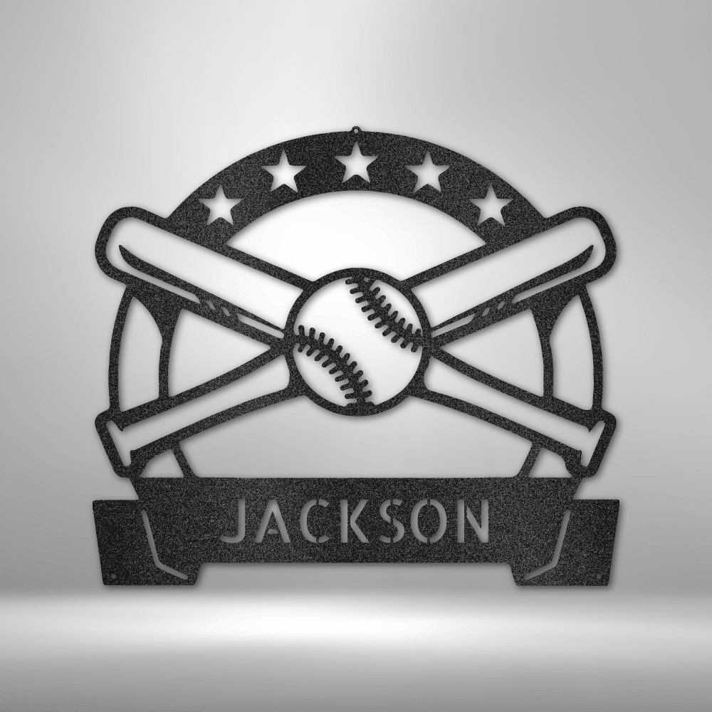 Baseball Wall Art with Name Banner - Custom Metal Baseball Sign - Playroom Sign