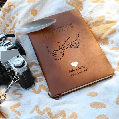 Personalized Leather Journal - Hand In Hand - Custom Leather Notebook For The One You Love - Wedding or Anniversary Gift - Love Letters, Memory Book