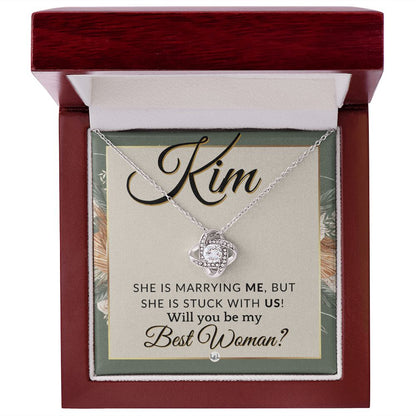Best Woman Proposal, Custom Name - Wedding Party Necklace Gift From Groom - Be My Best Woman , Sage Green & Boho Wedding Theme - Jewelry - Personalized Gift