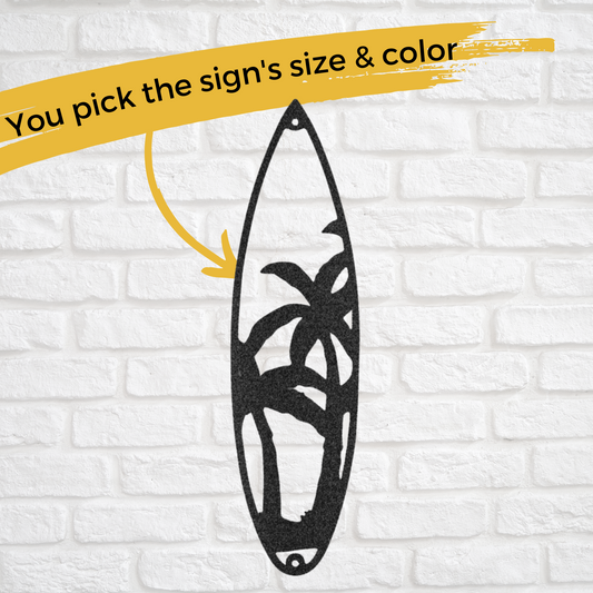 Custom Metal Surfboard with Palm Trees Sign - Poolside Decor