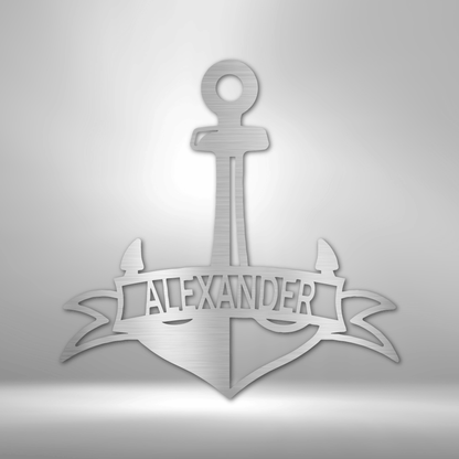 Fancy Anchor with Banner | Personalized Nautical Metal Sign - Metal Wall Art - Personalized Gift