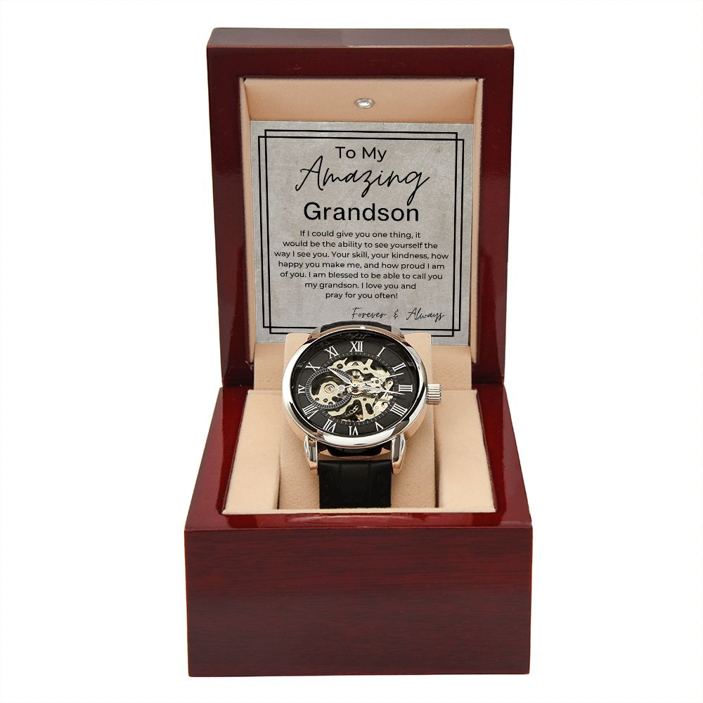I Love You - Openwork Skeleton Watch + LED Watch Box - Gift for My Grandson - Jewelry - Personalized Gift