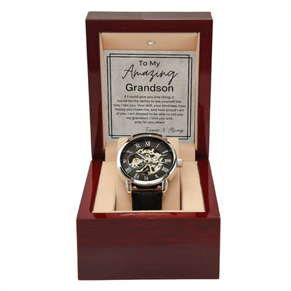 I Love You - Openwork Skeleton Watch + LED Watch Box - Gift for My Grandson - Jewelry - Personalized Gift