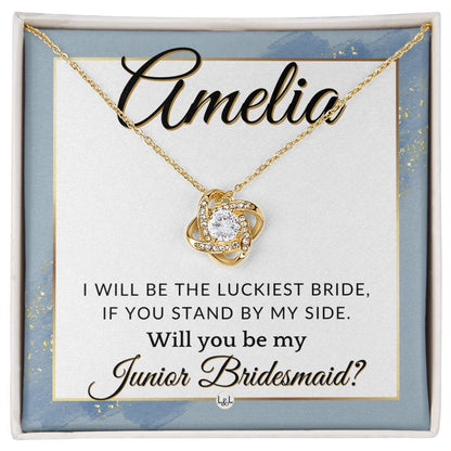 Junior Bridesmaid Proposal, Custom Name - Great Wedding Party Gift From Bride - Be By My Side , Dusty Blue And Gold Wedding Theme - Jewelry - Personalized Gift