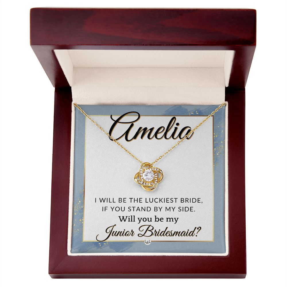 Junior Bridesmaid Proposal, Custom Name - Great Wedding Party Gift From Bride - Be By My Side , Dusty Blue And Gold Wedding Theme - Jewelry - Personalized Gift