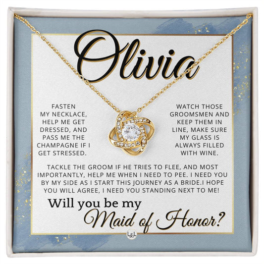 Maid of Honor Proposal, Custom Name - Be My Maid Of Honor, MOH Gift From Bride, I Need YOU , Dusty Blue And Gold Wedding Theme - Jewelry - Personalized Gift