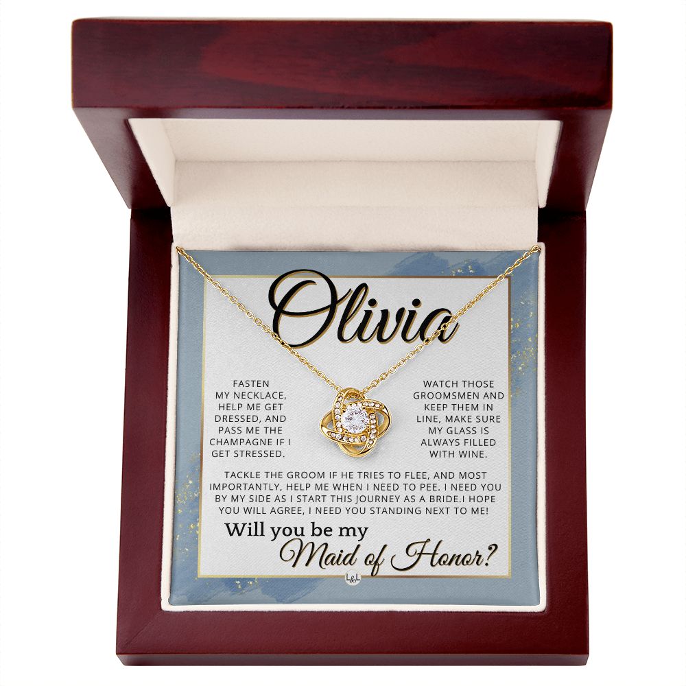 Maid of Honor Proposal, Custom Name - Be My Maid Of Honor, MOH Gift From Bride, I Need YOU , Dusty Blue And Gold Wedding Theme - Jewelry - Personalized Gift