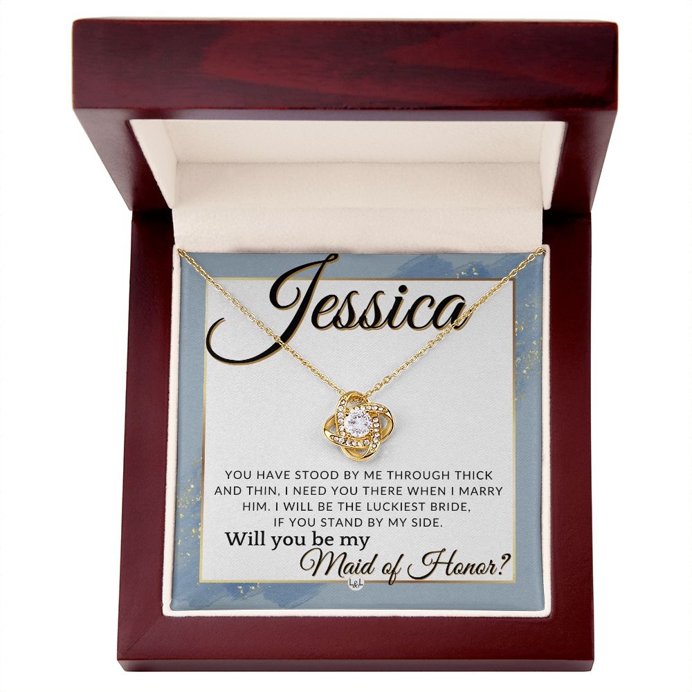 Maid of Honor Proposal, Custom Name - Be My Maid Of Honor, MOH Gift From Bride, Need You There , Dusty Blue And Gold Wedding Theme - Jewelry - Personalized Gift