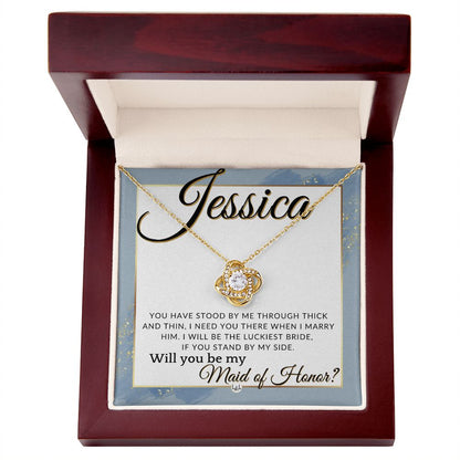 Maid of Honor Proposal, Custom Name - Be My Maid Of Honor, MOH Gift From Bride, Need You There , Dusty Blue And Gold Wedding Theme - Jewelry - Personalized Gift